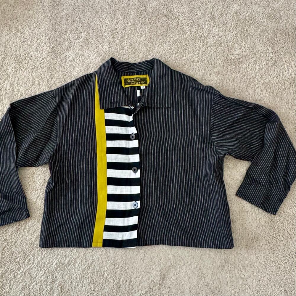 Farley Farley Stripe Short Jacket Top Black Yellow 100% Linen Women XS Lagenlook